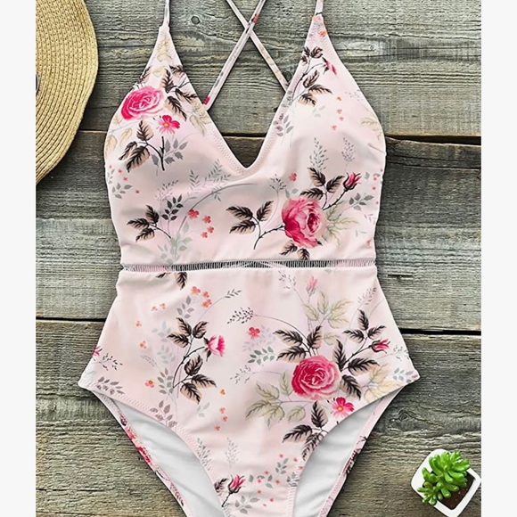 CUPSHE Tie Back High Waisted Shallow Waters Floral Print One-Piece Swimsuit - Picture 3 of 12